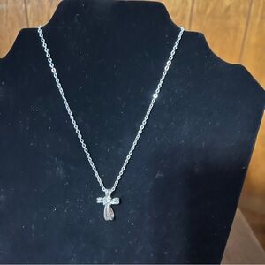 Silver Tone Cross Pendant Necklace Clear Rhinestone Roughly 18"